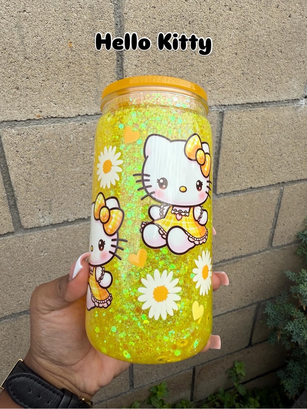Hello Kitty Yellow Daisy Glitter Jar with Orange Accents
